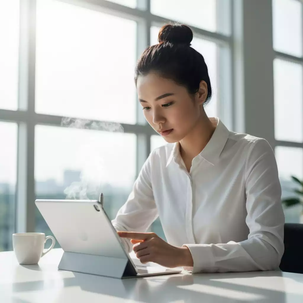 Person organizing a digital to-do list on a tablet, with a cup of coffee nearby, clean modern office setting, bright natural light