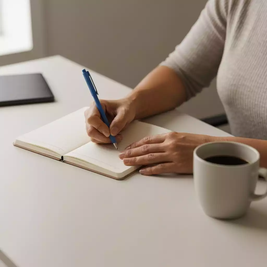 Person writing in a journal, coffee cup nearby