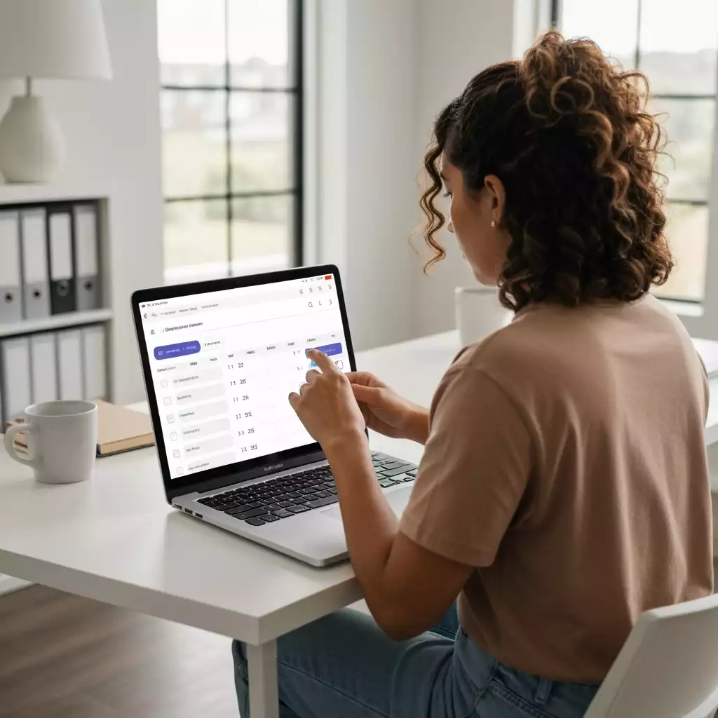 Person customizing a digital calendar or project management tool on a laptop, showing flexibility and personalization, bright modern home office