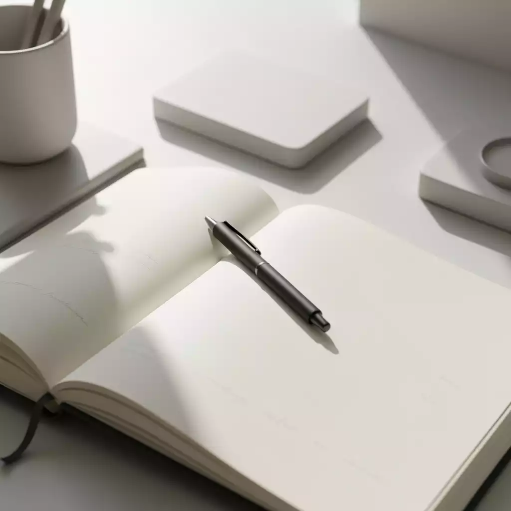 Open journal with pen on a clean desk, natural light
