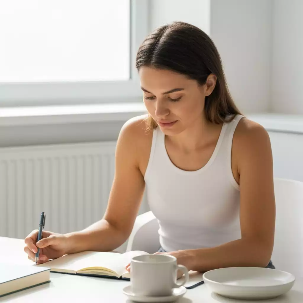 Person enjoying a calm and productive morning routine, with a focus on mental well-being and organization