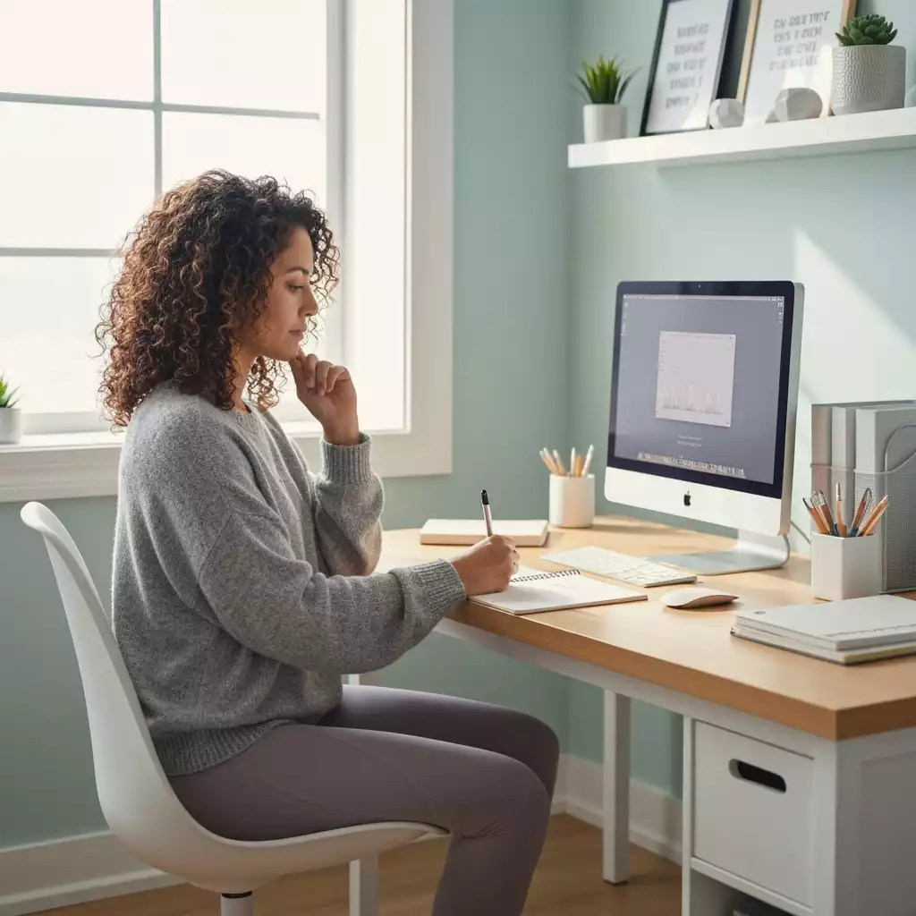 Person thoughtfully planning their day in a clean, organized home office, surrounded by subtle motivational elements, no text, no words, no typography, 8K