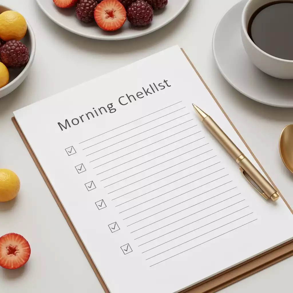 Close-up of a neatly organized morning checklist on a notepad with a pen, surrounded by elements of a healthy breakfast like fruit and coffee, suggesting productivity and self-care