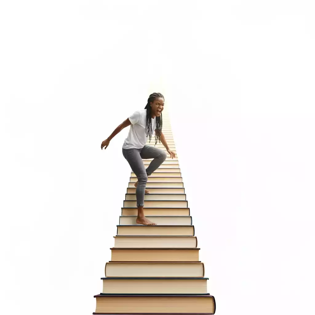 Person climbing a staircase made of books, symbolizing personal development and a growth mindset