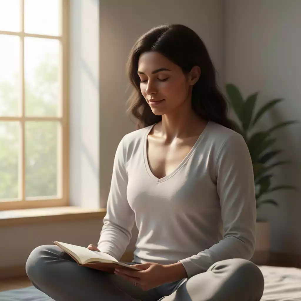 Person engaged in a calm morning routine, possibly meditating or journaling, with soft natural light, clean image, no text, no words, no typography, 8K
