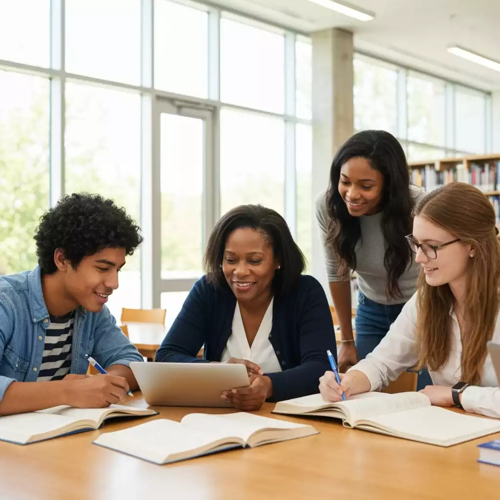 Group of diverse students collaborating on a project in a modern library