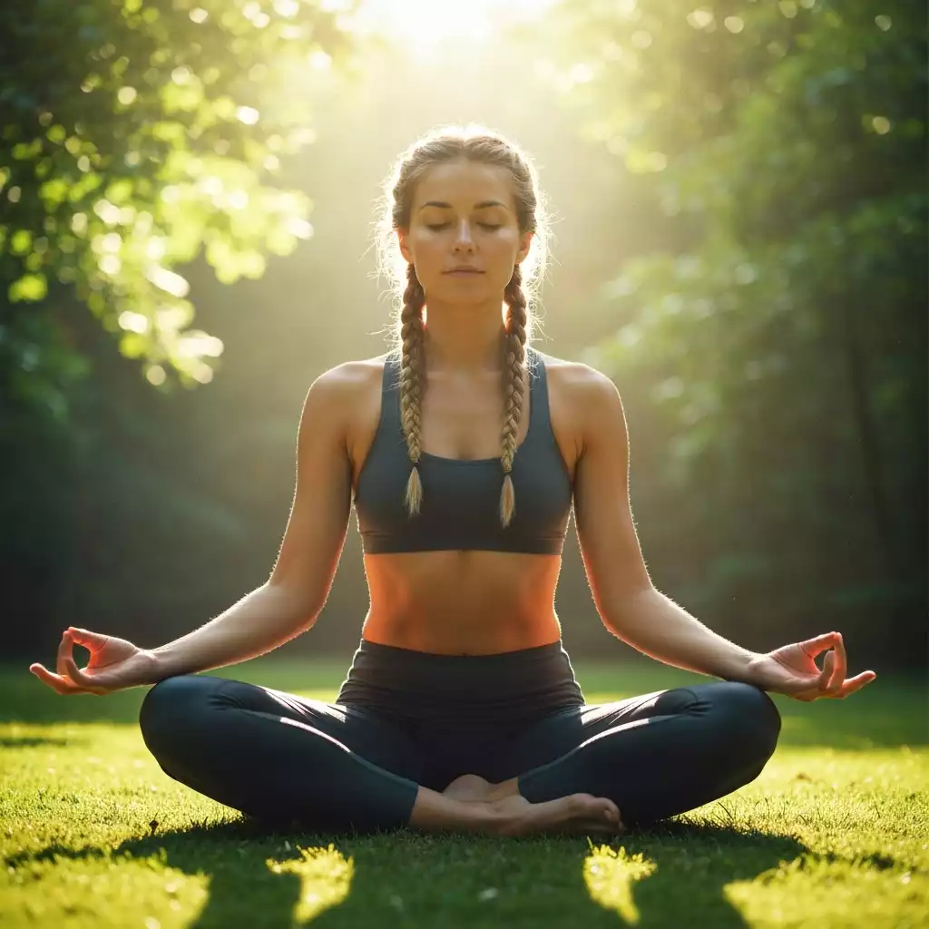 Person meditating in a calm, natural setting