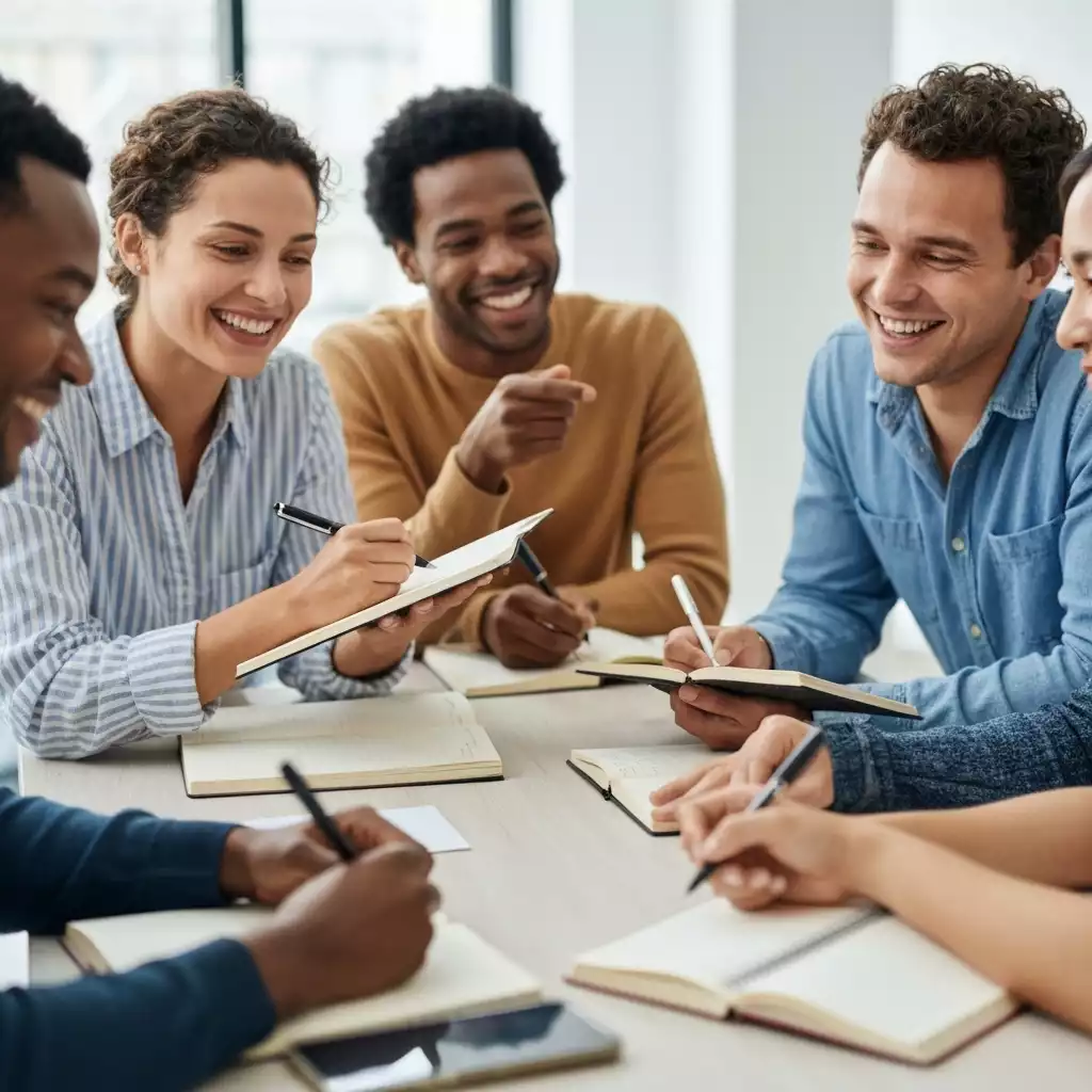 Diverse group of people in a journaling workshop, smiling and writing in notebooks